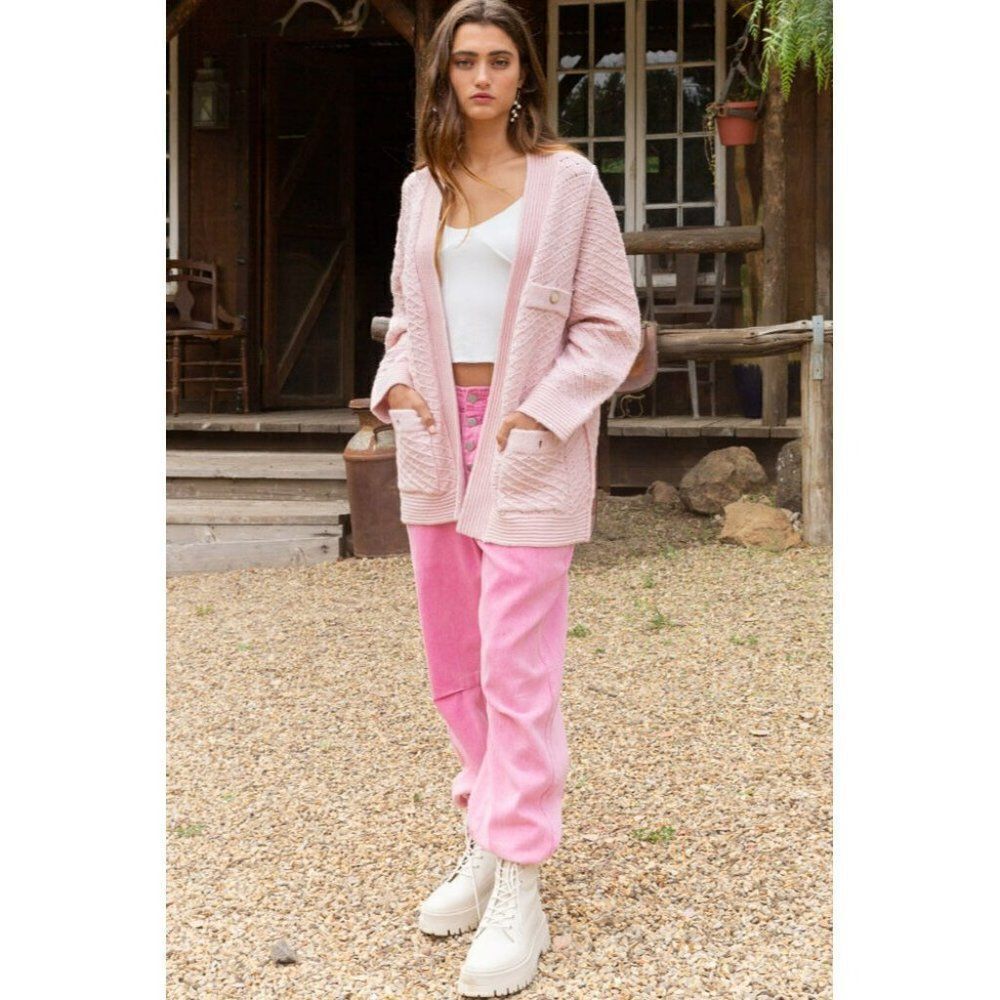 POL Clothing Women's Baby Pink Luxe Open Cardigan Sweater with Buttons YST174 - Picture 6 of 12